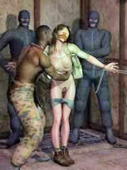 Prisoner being tortured, tied up, stick to the skin and nails fire