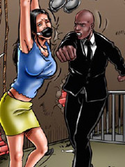 Two guys in black suits humiliate tied girl!