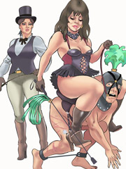 Drawing arts of gorgeous dominant ladies training their naked male slaves